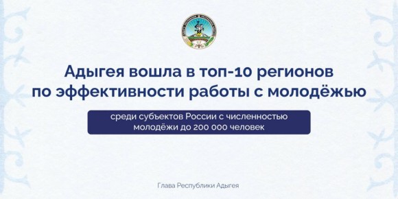 Мурат Кумпилов: Адыгея вошла в топ10 регионов по эффективности работы с молодёжью среди субъектов РФ с численностью подрастающего поколения до 200 тысяч человек